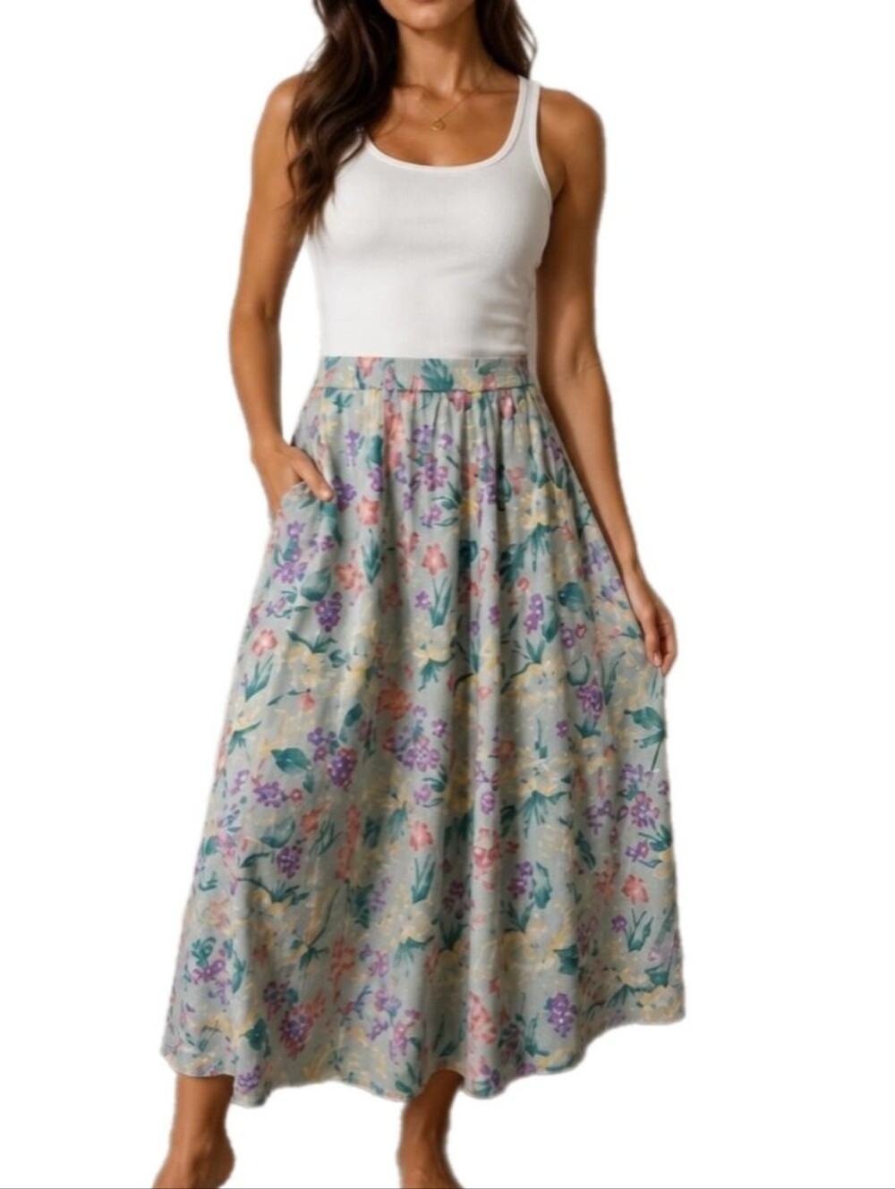 Liz Sport Vintage Floral Green Skirt Maxi Sz L Boho Spring Summer w Pockets